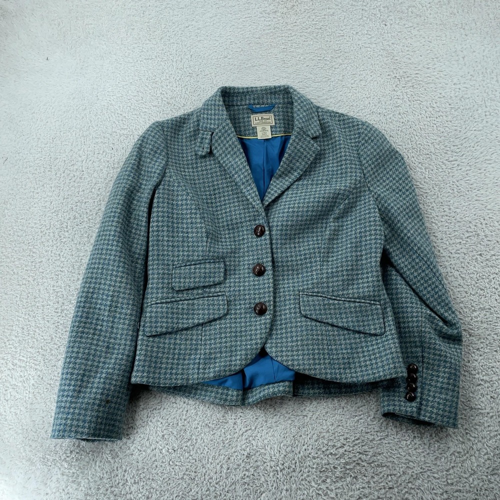 L.L. Bean Wool Blend Blazer Womens 6 Petite Blue Green Houndstooth Lined Jacket